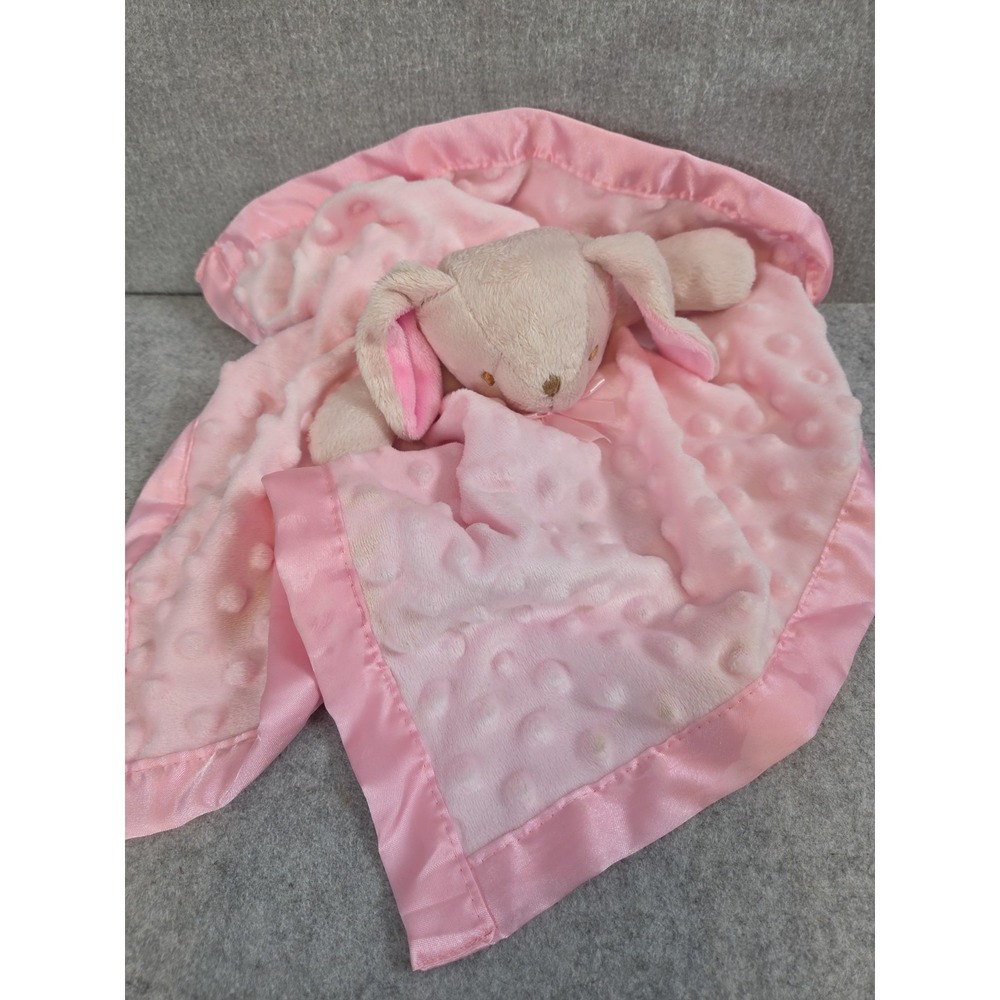 Pink Bunny Rabbit Lovey Minky Dots Satin Trim Brown Nose Bunny Security Blanket